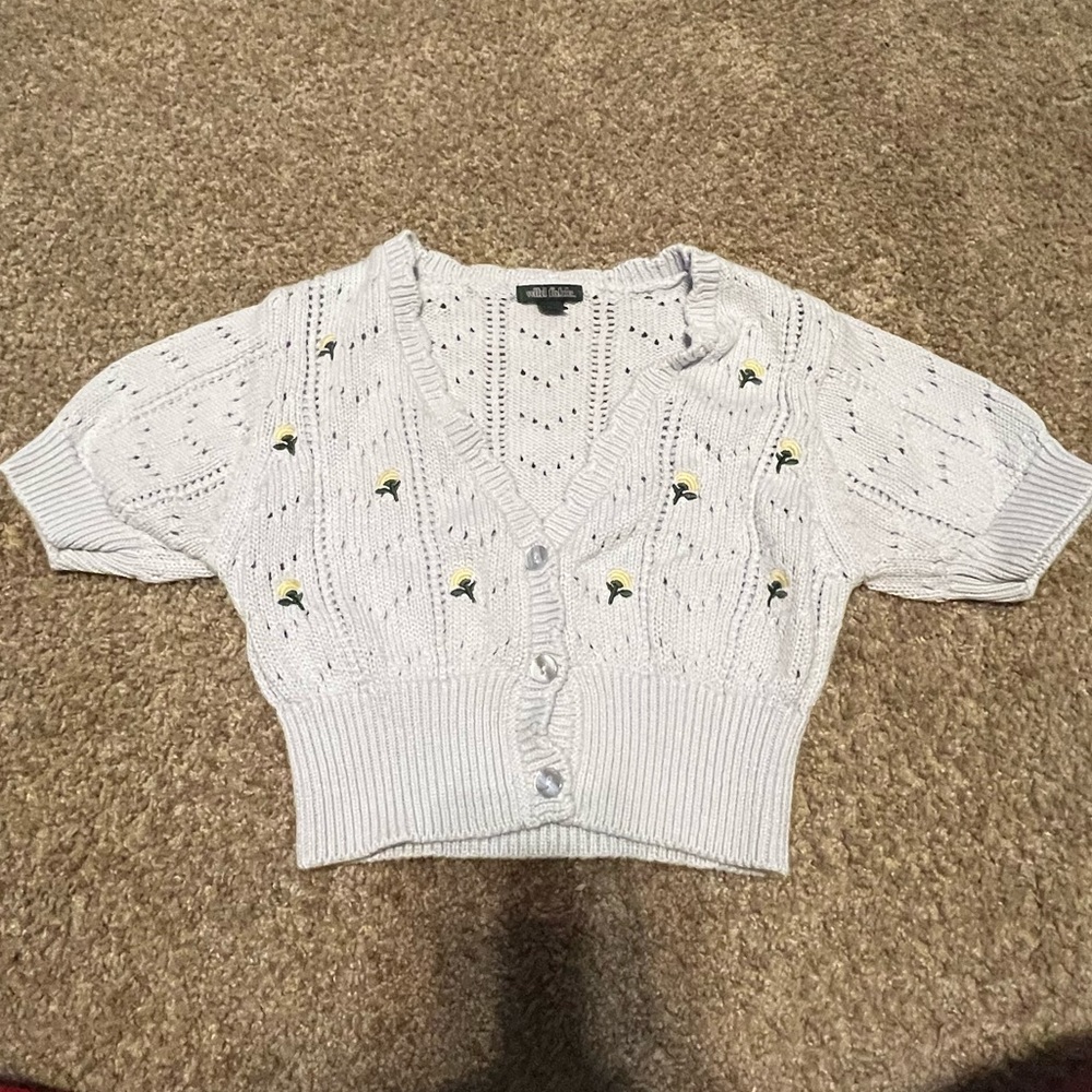 Blue cropped cardigan with yellow flowers